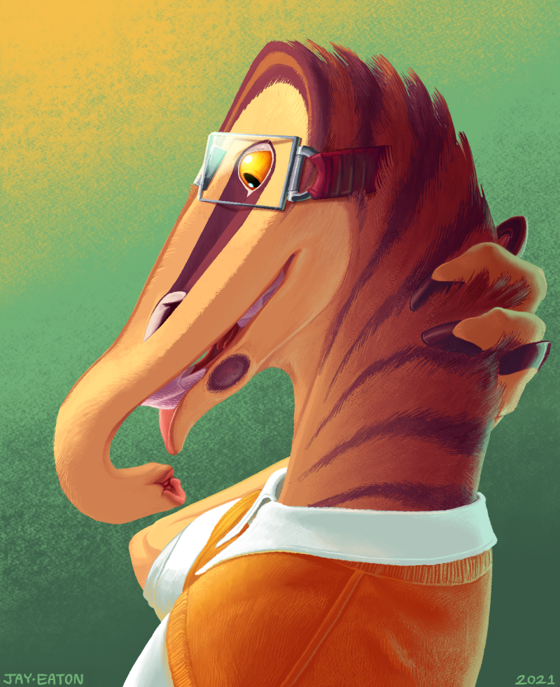 A painting of Talita Dospaço. She has a long flat face with a trunk, huge owl-like eyes, sharp beak-like teeth with small scales, and rectangular glasses. Her neck is long and tiger-striped; she is a anxiously rubbing the back of it with a four-fingered symmetrical hand. Her fingers end in slender hooves. She wears a collared shirt and sweater vest.