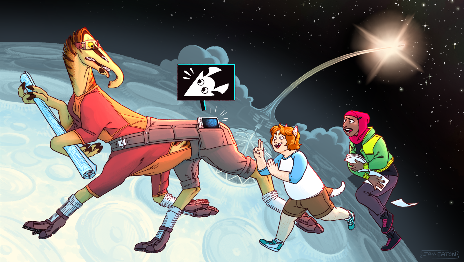 Talita, Gillie, and Idrisah running in a panic. Talita is holding a blueprint, Gillie is signing 'rocket' in ASL, and Idrisah is holding a stack of papers that are falling out of her grasp. In the background, the habitat dome of Dirtball is visible with the Runaway spacecraft launching behind it.