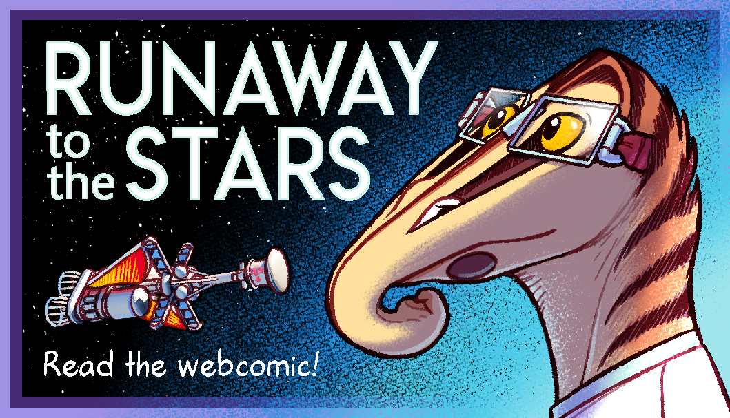 Talita the centaur alien looks up at a starry sky, with the Runaway spacecraft to her left. The title reads Runaway to the Stars with tagline Read the webcomic!